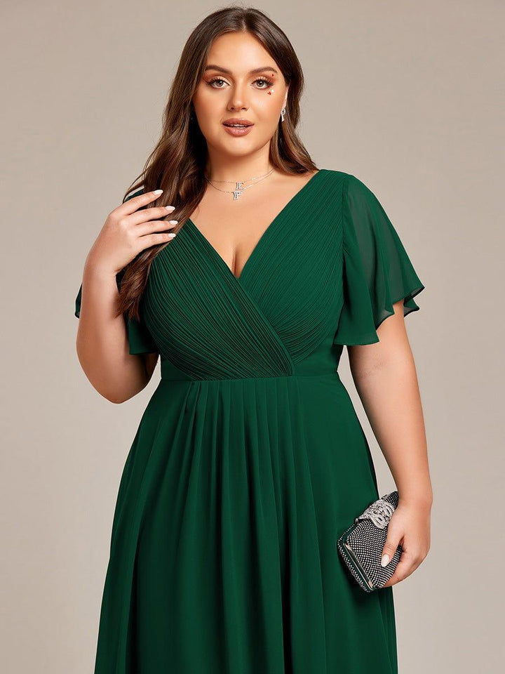 Plus size chiffon double V-neck midi wedding guest dress with ruffle sleeves for women