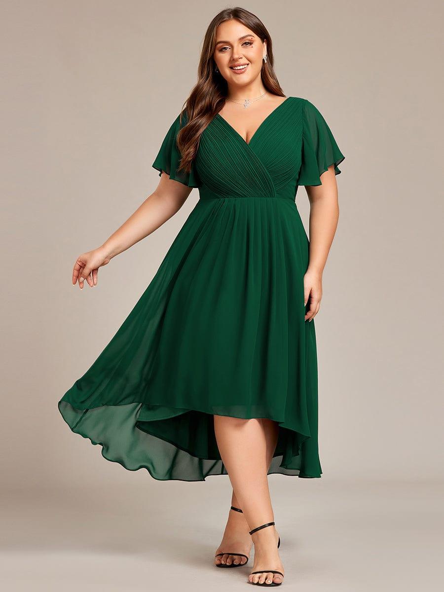 Plus size chiffon double V-neck midi wedding guest dress with ruffle sleeves for women