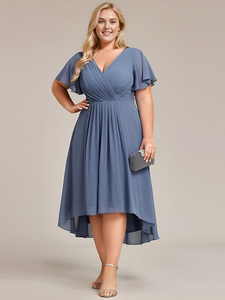 Plus size chiffon double V-neck midi wedding guest dress with ruffle sleeves for women