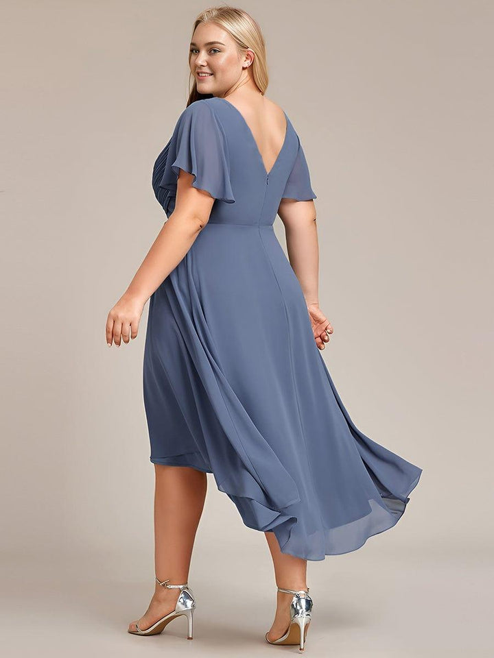 Plus size chiffon double V-neck midi wedding guest dress with ruffle sleeves for women