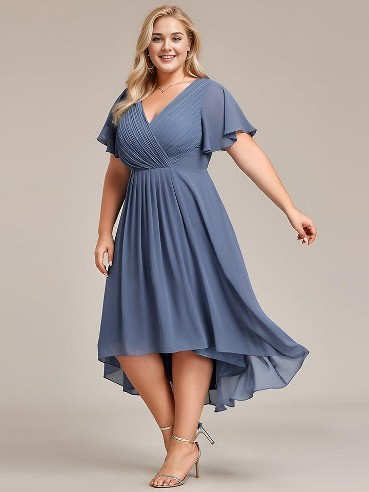 Plus size chiffon double V-neck midi wedding guest dress with ruffle sleeves for women