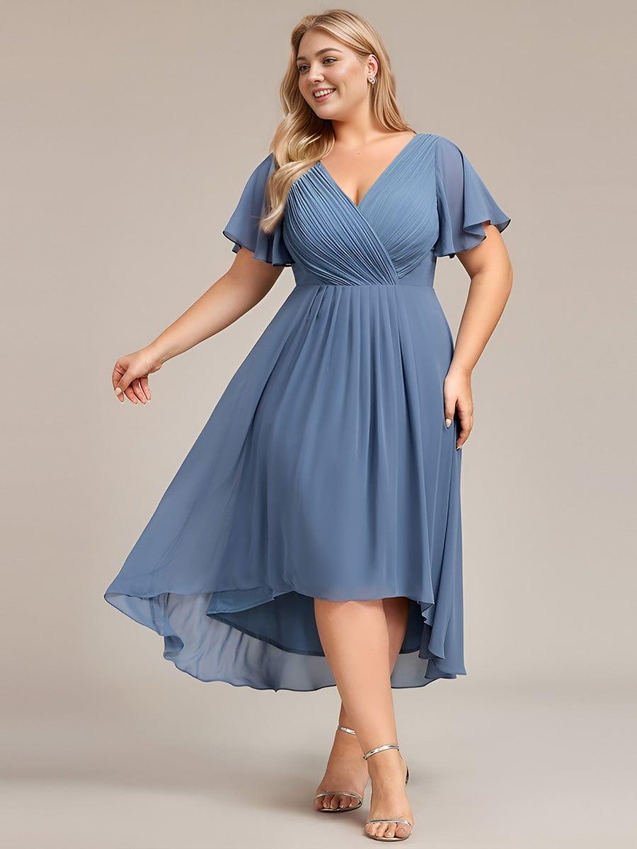 Plus size chiffon double V-neck midi wedding guest dress with ruffle sleeves for women