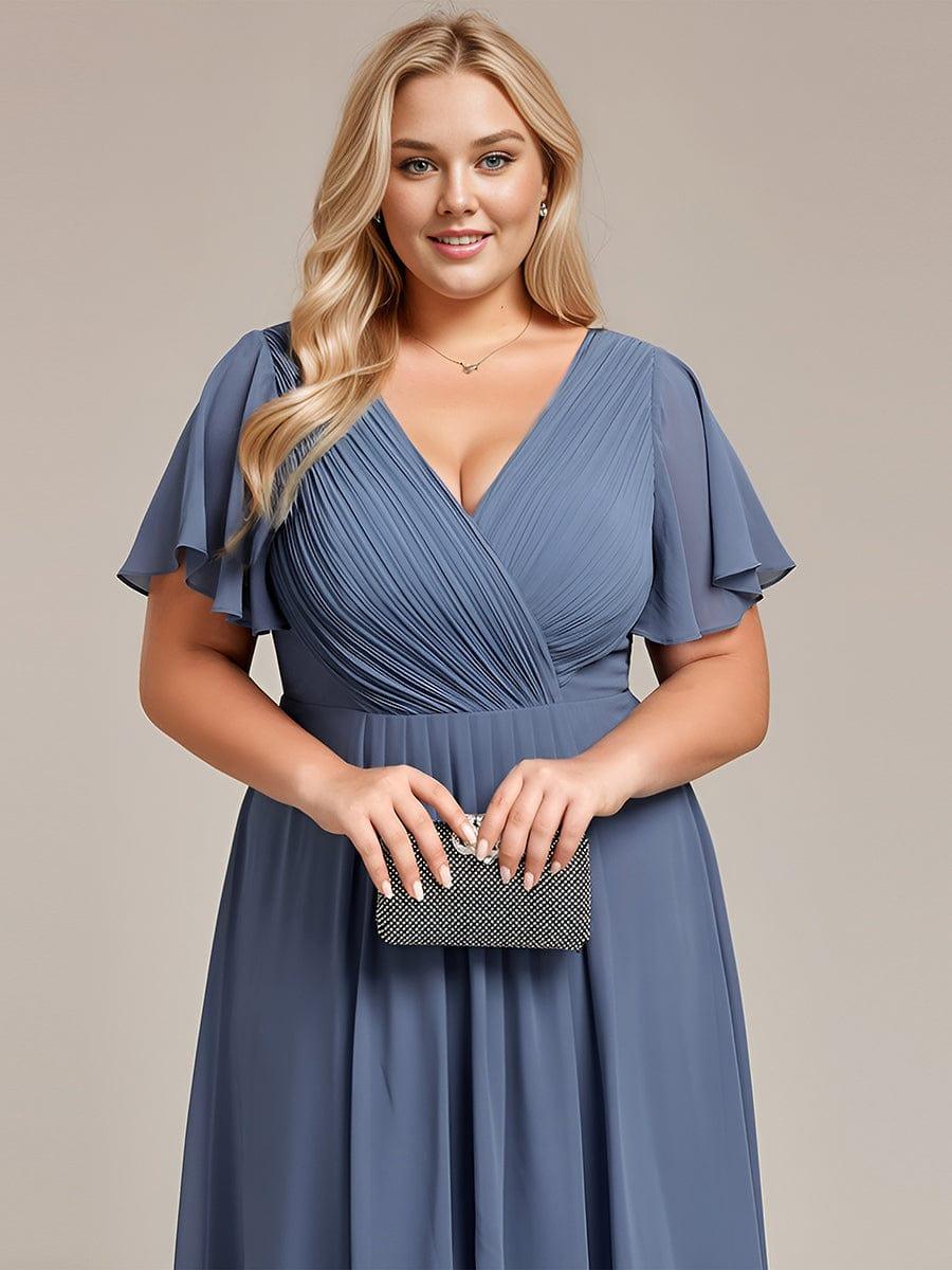 Plus size chiffon double V-neck midi wedding guest dress with ruffle sleeves for women