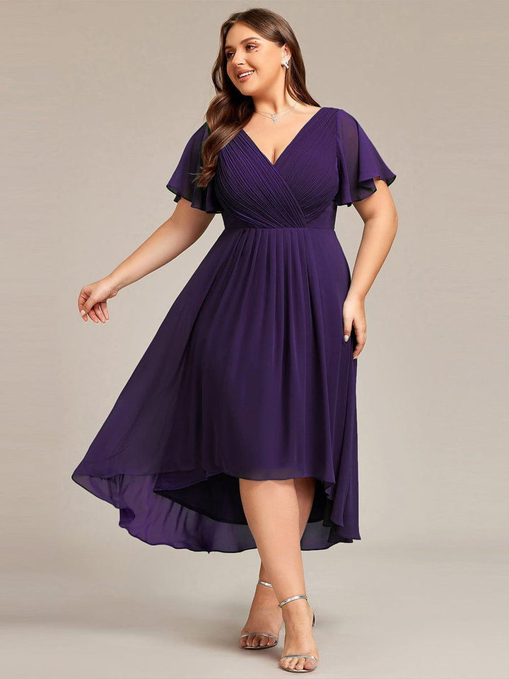 Plus size chiffon double V-neck midi wedding guest dress with ruffle sleeves for women