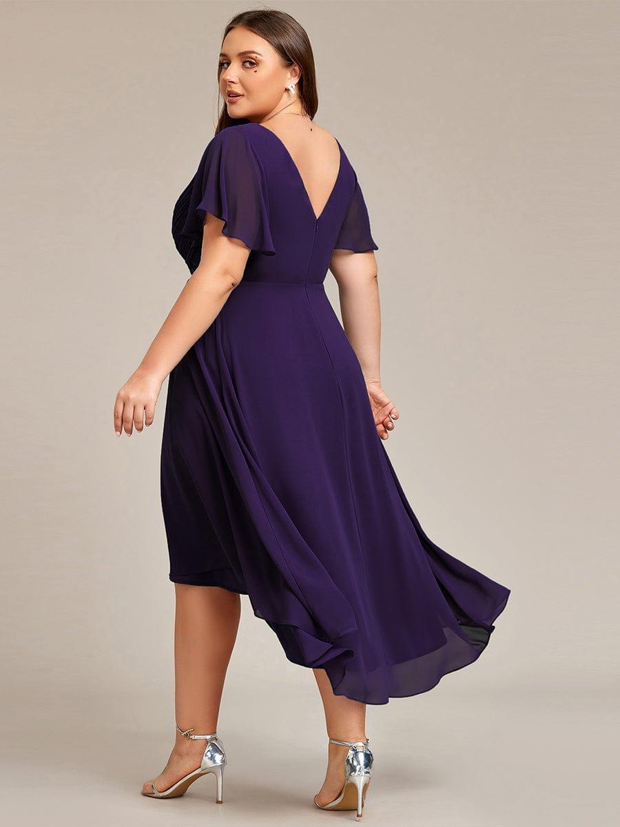 Plus size chiffon double V-neck midi wedding guest dress with ruffle sleeves for women