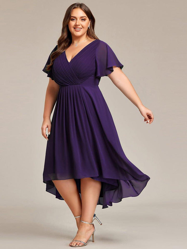 Plus size chiffon double V-neck midi wedding guest dress with ruffle sleeves for women