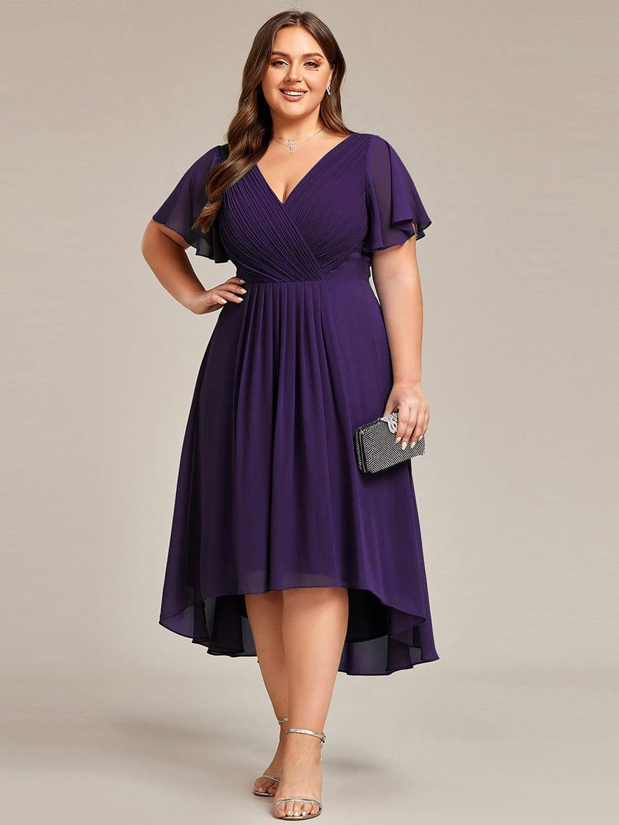 Plus size chiffon double V-neck midi wedding guest dress with ruffle sleeves for women