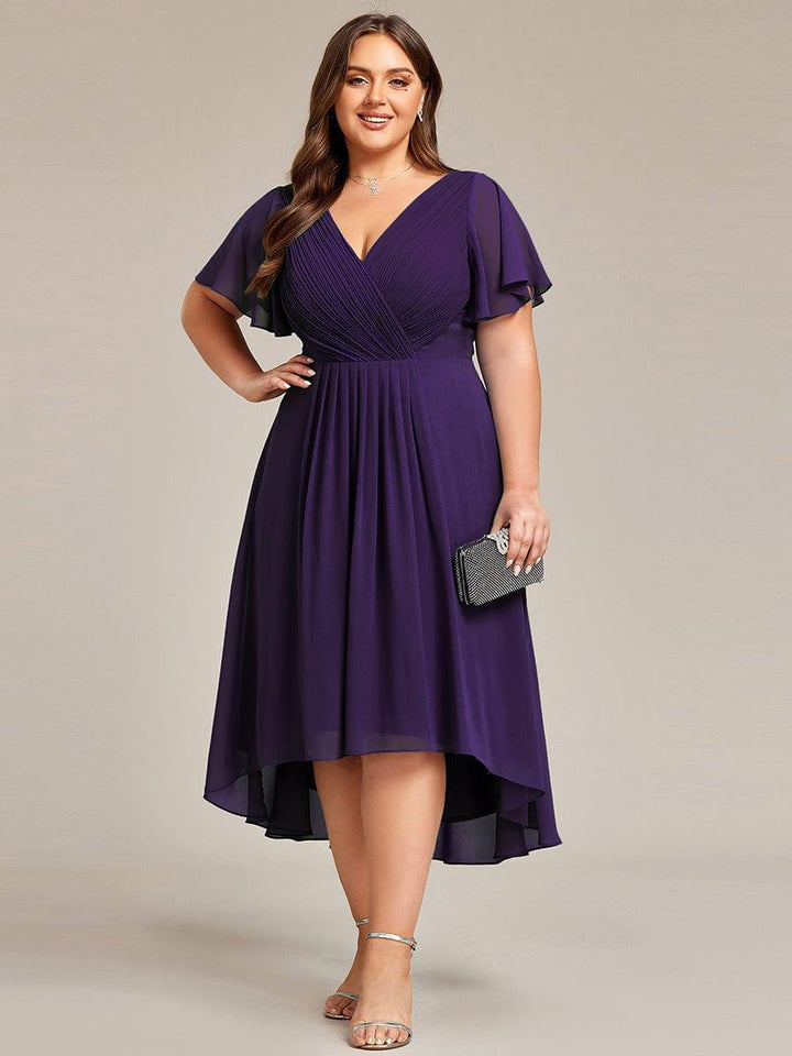Plus size chiffon double V-neck midi wedding guest dress with ruffle sleeves for women