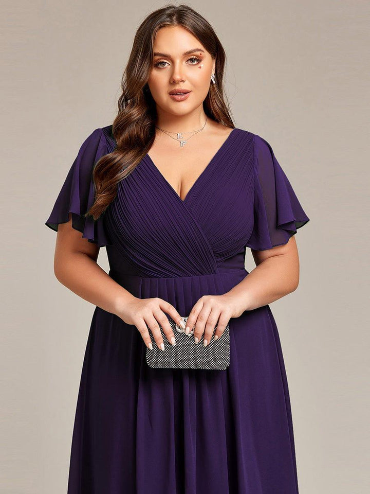 Plus size chiffon double V-neck midi wedding guest dress with ruffle sleeves for women