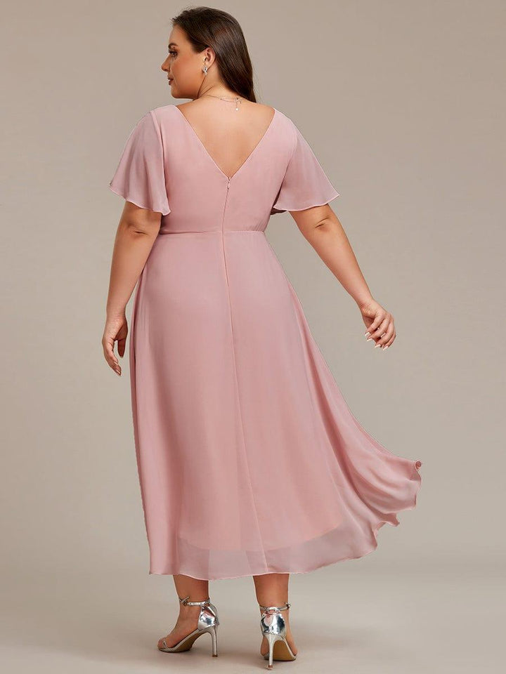 Plus size chiffon double V-neck midi wedding guest dress with ruffle sleeves for women