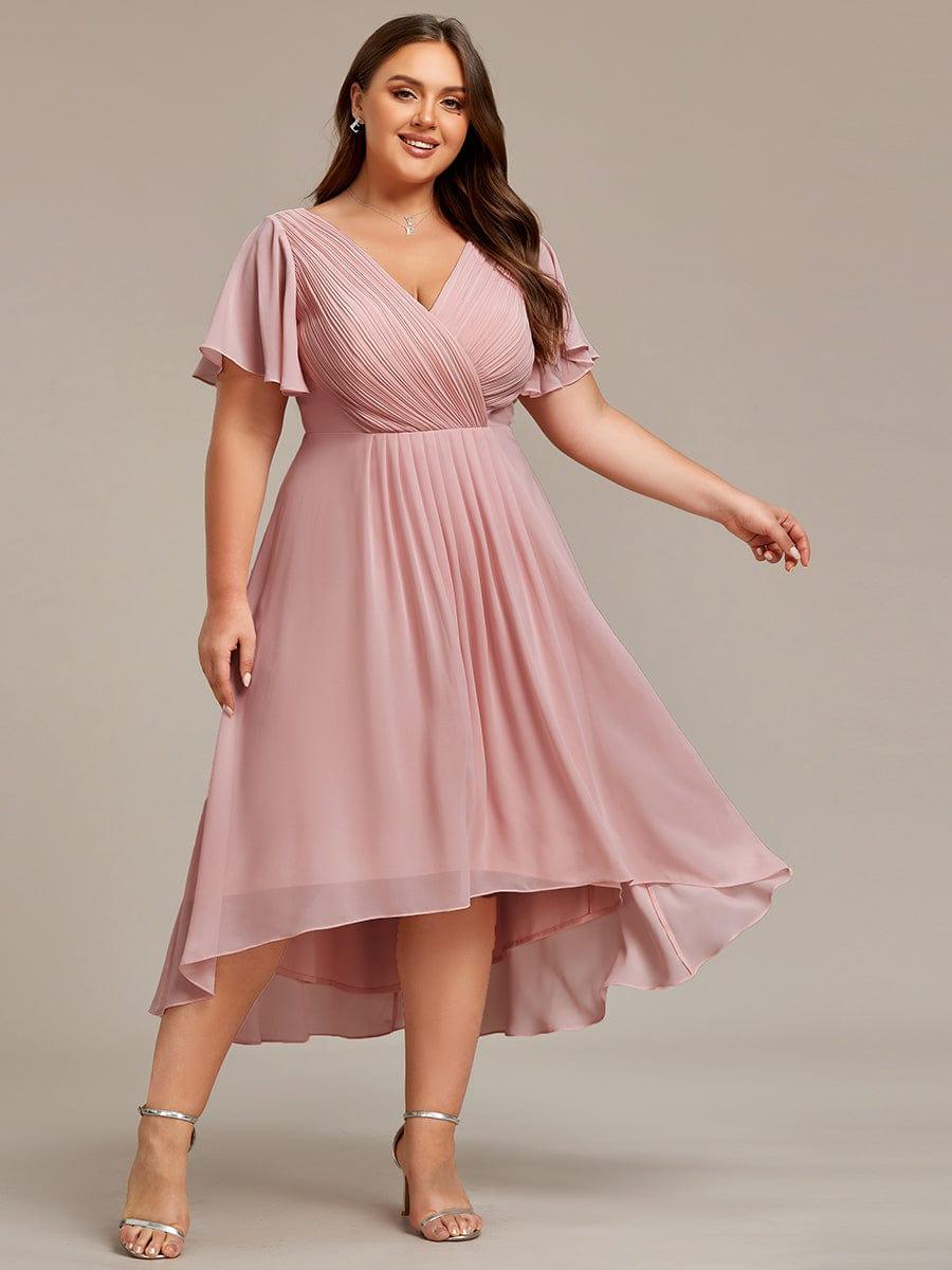 Plus size chiffon double V-neck midi wedding guest dress with ruffle sleeves for women