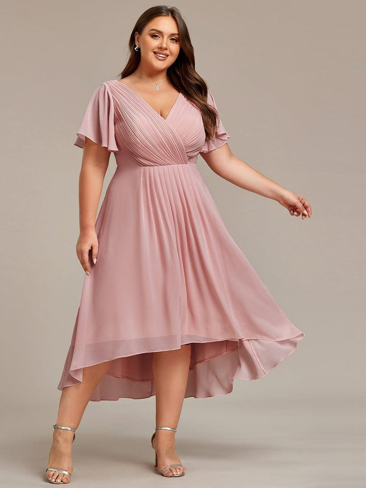 Plus size chiffon double V-neck midi wedding guest dress with ruffle sleeves for women