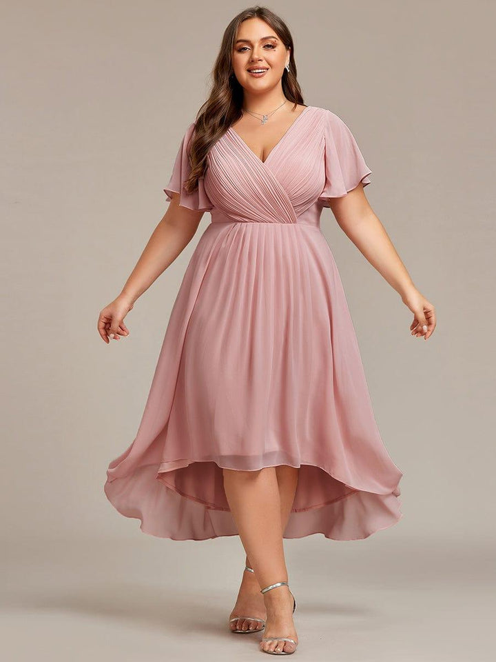 Plus size chiffon double V-neck midi wedding guest dress with ruffle sleeves for women
