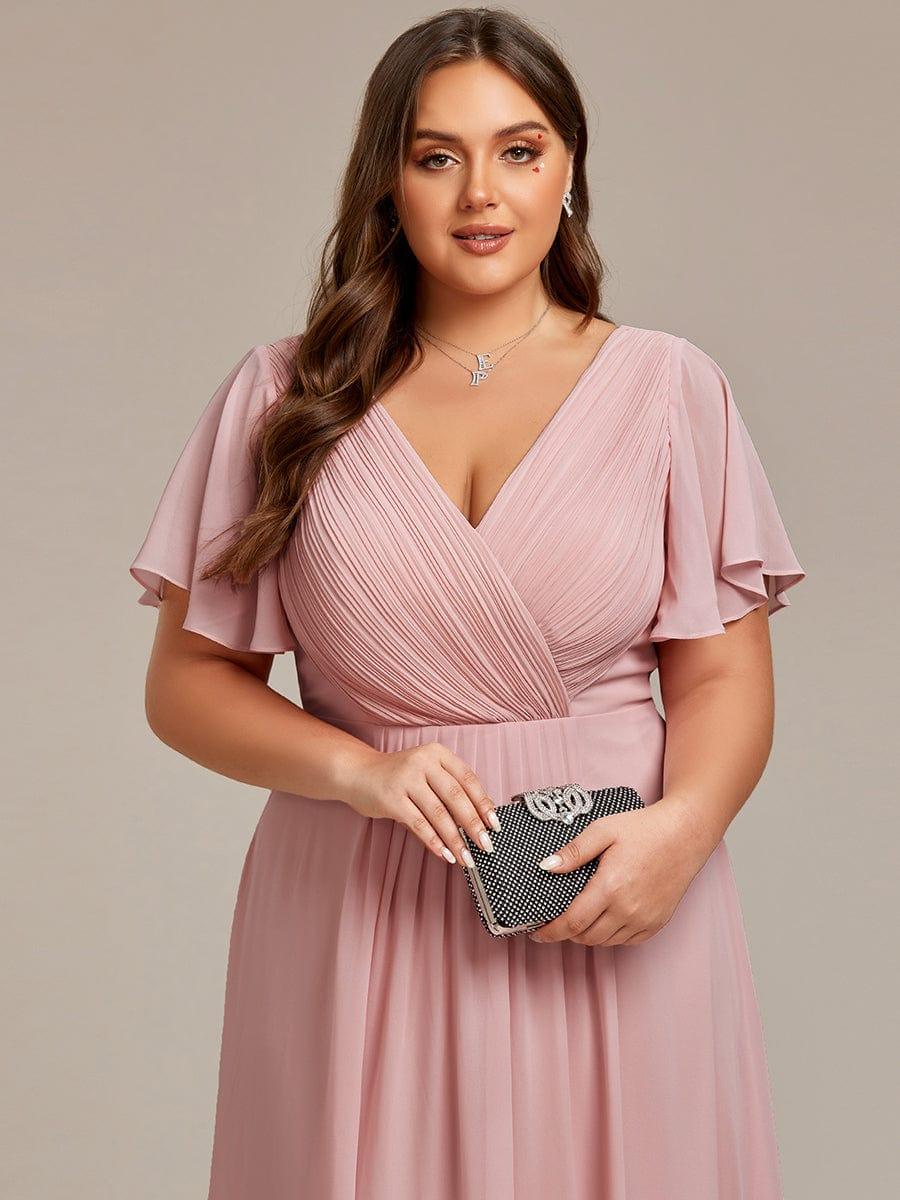 Plus size chiffon double V-neck midi wedding guest dress with ruffle sleeves for women