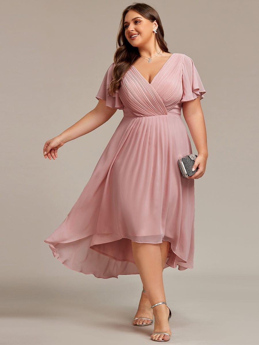 Plus size chiffon double V-neck midi wedding guest dress with ruffle sleeves for women