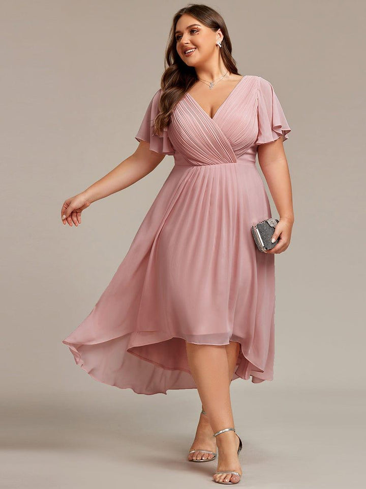 Plus size chiffon double V-neck midi wedding guest dress with ruffle sleeves for women
