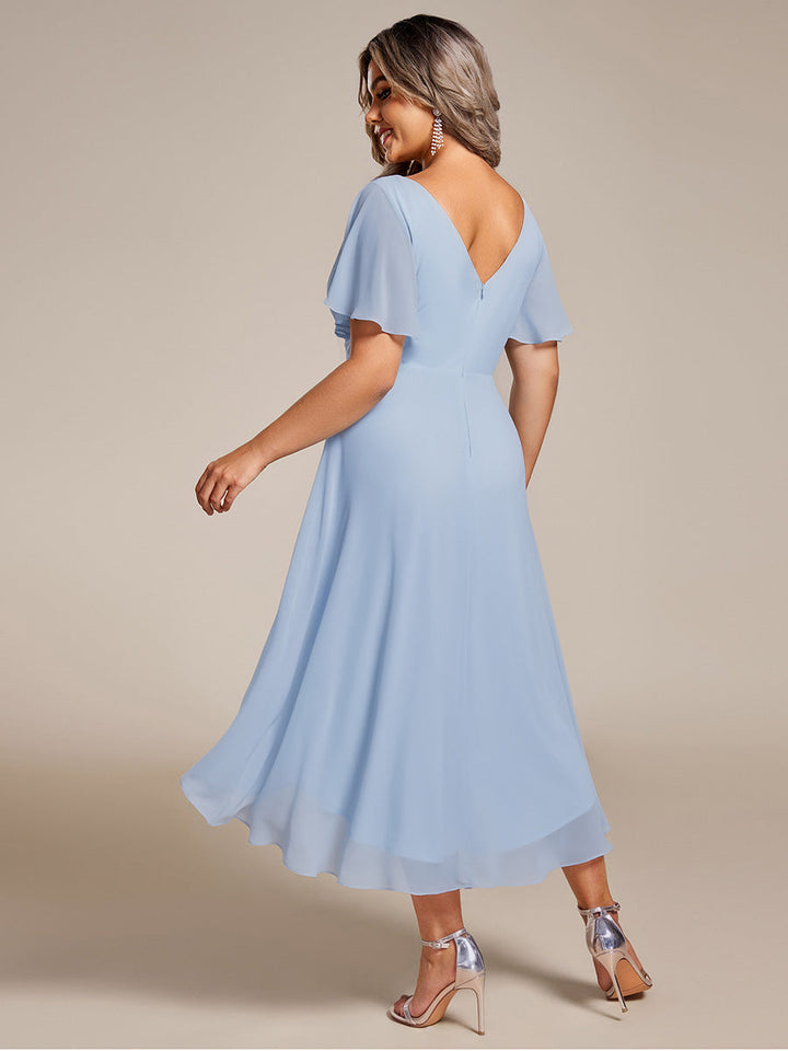 Plus size chiffon double V-neck midi wedding guest dress with ruffle sleeves for women