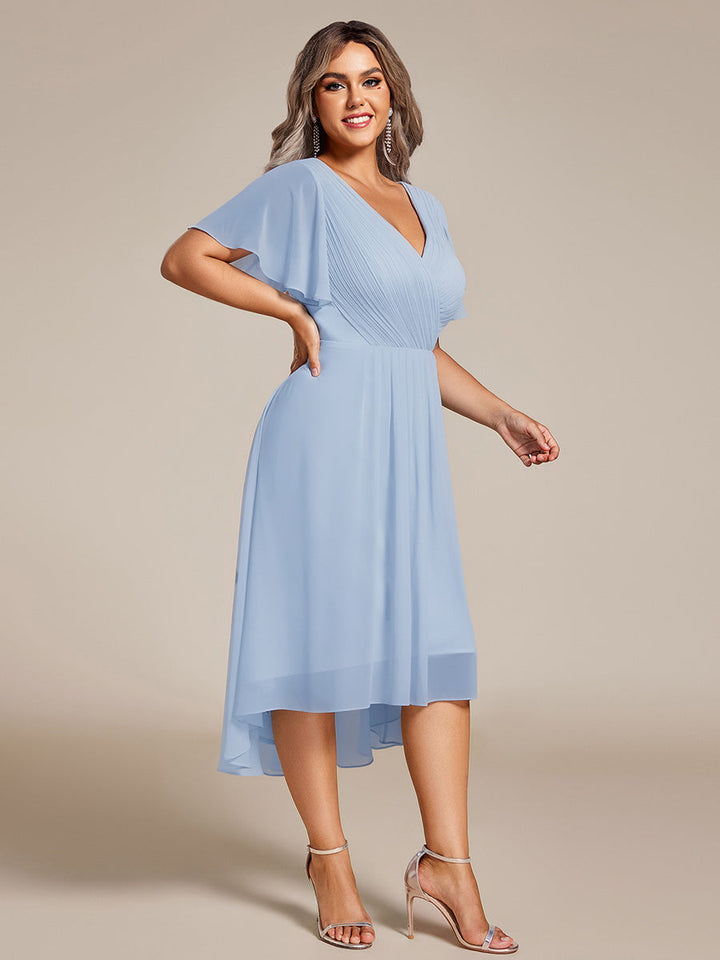 Plus size chiffon double V-neck midi wedding guest dress with ruffle sleeves for women