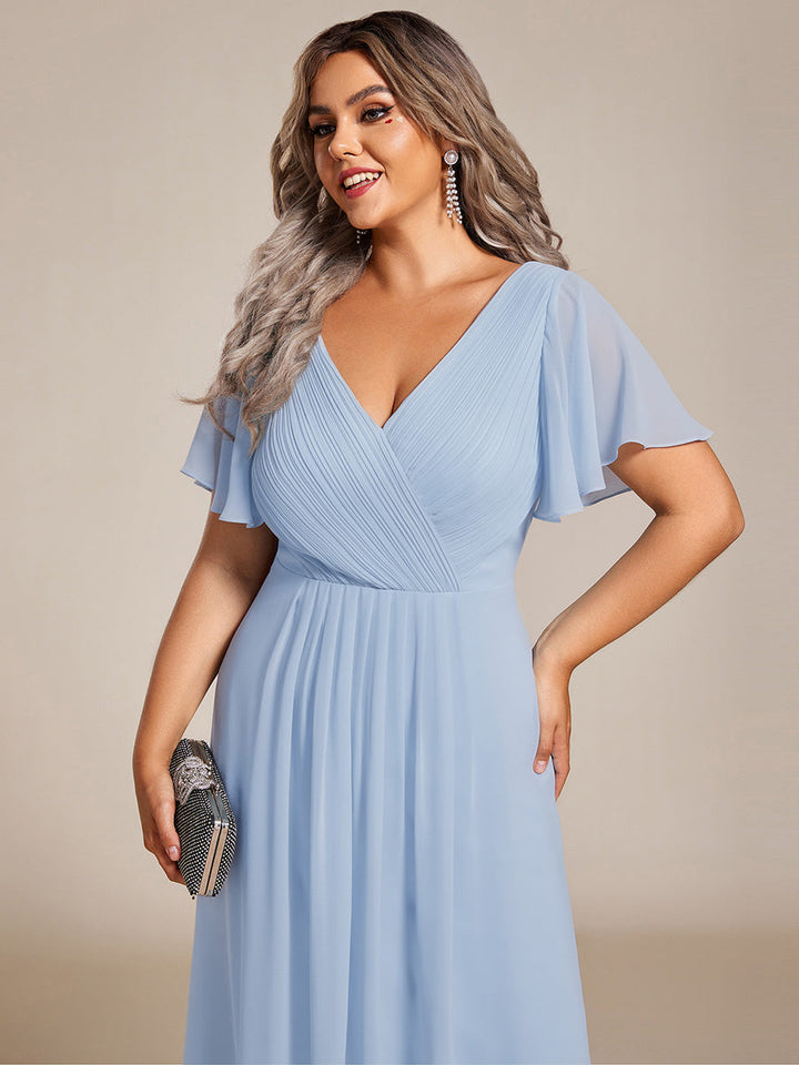 Plus size chiffon double V-neck midi wedding guest dress with ruffle sleeves for women