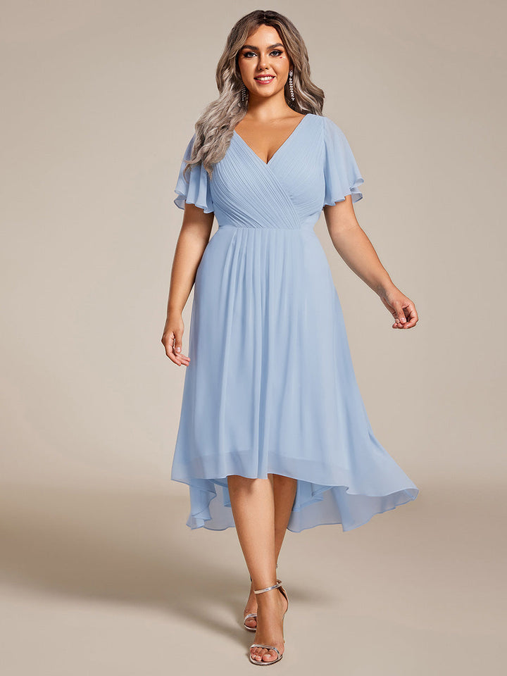 Plus size chiffon double V-neck midi wedding guest dress with ruffle sleeves for women