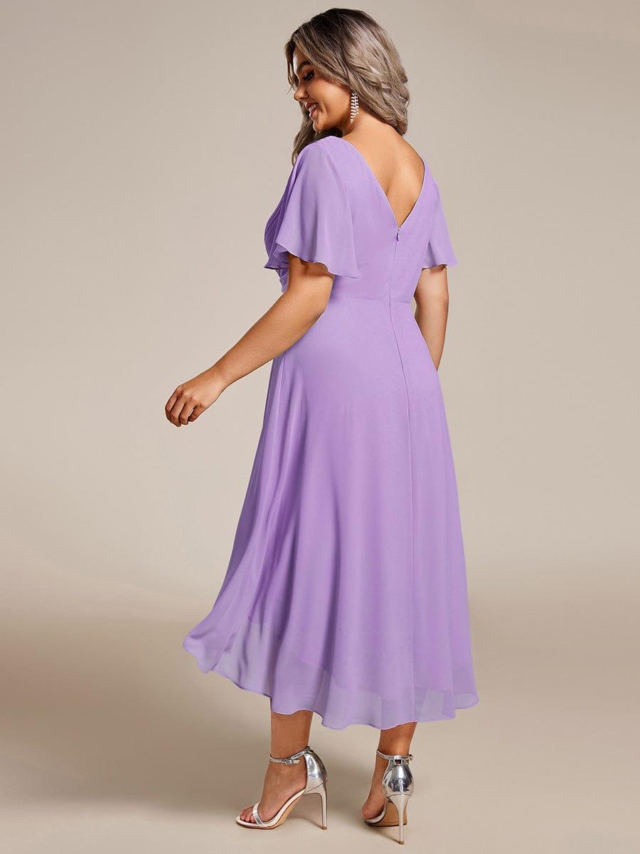 Plus size chiffon double V-neck midi wedding guest dress with ruffle sleeves for women