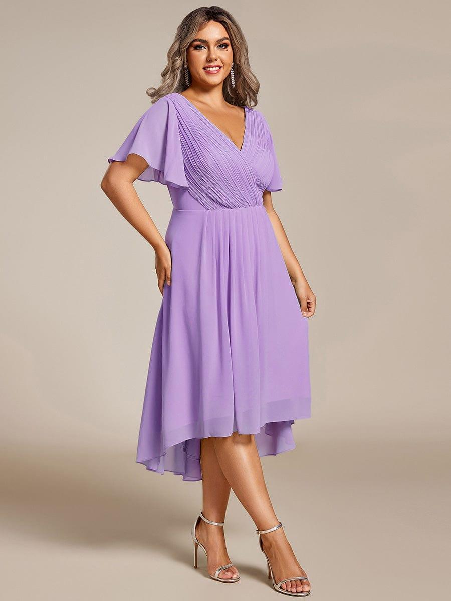 Plus size chiffon double V-neck midi wedding guest dress with ruffle sleeves for women