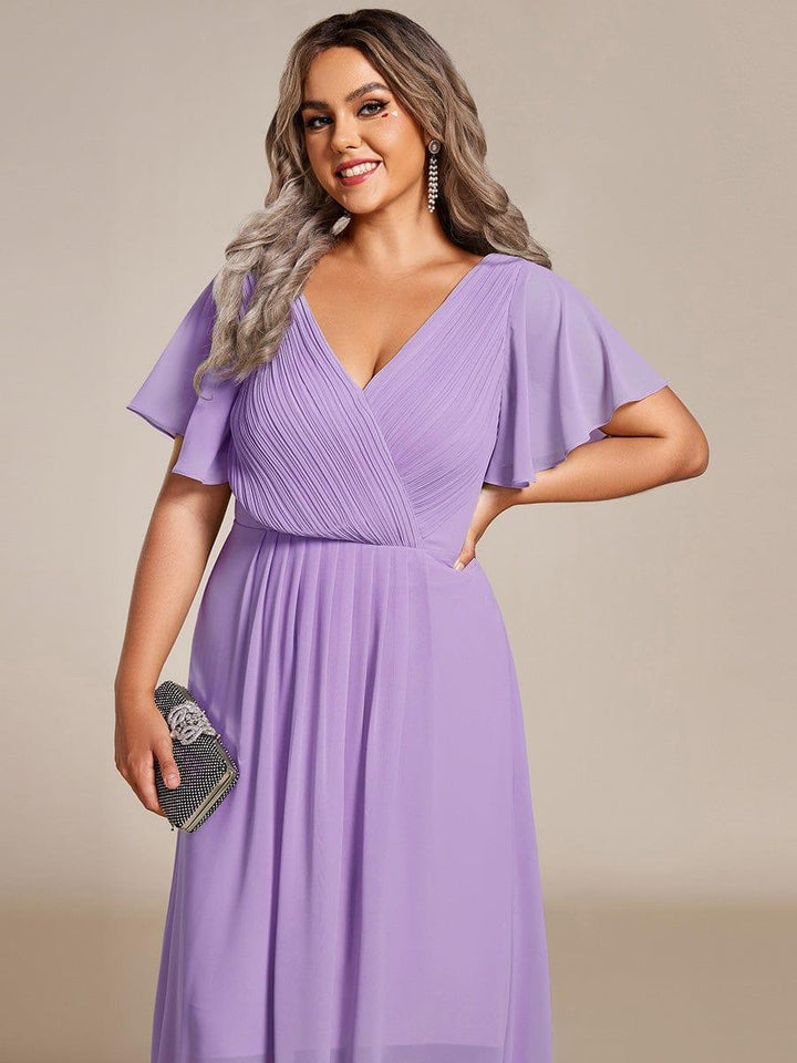 Plus size chiffon double V-neck midi wedding guest dress with ruffle sleeves for women