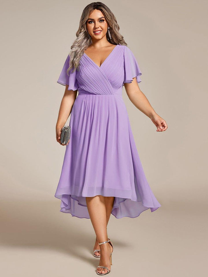 Plus size chiffon double V-neck midi wedding guest dress with ruffle sleeves for women