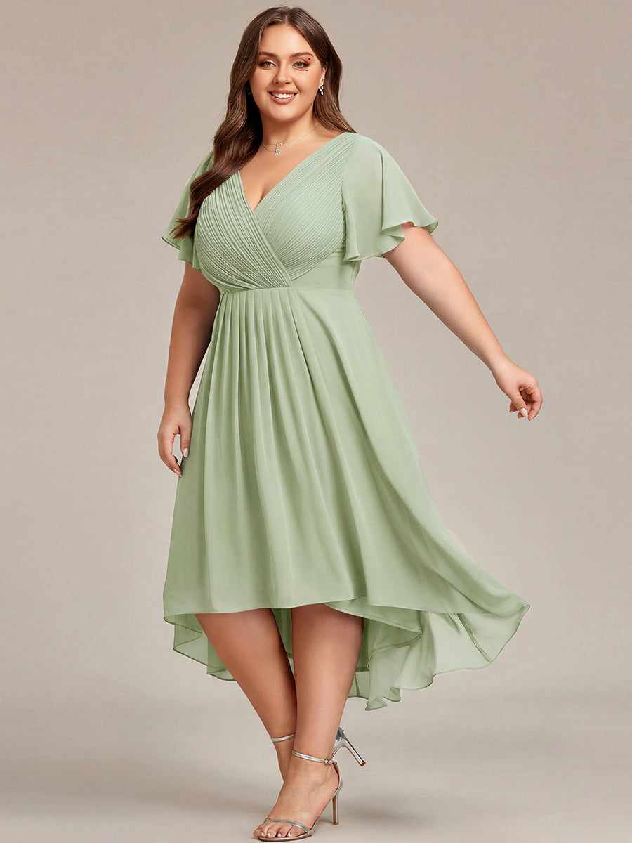 Plus size chiffon double V-neck midi wedding guest dress with ruffle sleeves for women