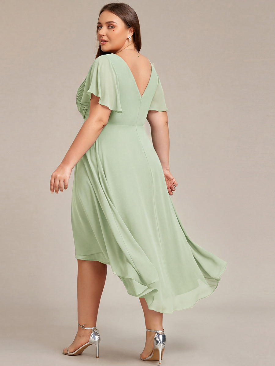 Plus size chiffon double V-neck midi wedding guest dress with ruffle sleeves for women