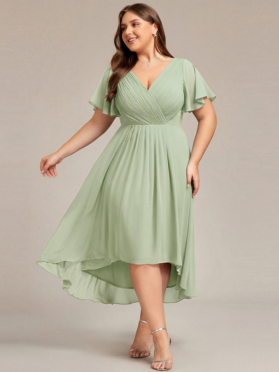 Plus size chiffon double V-neck midi wedding guest dress with ruffle sleeves for women