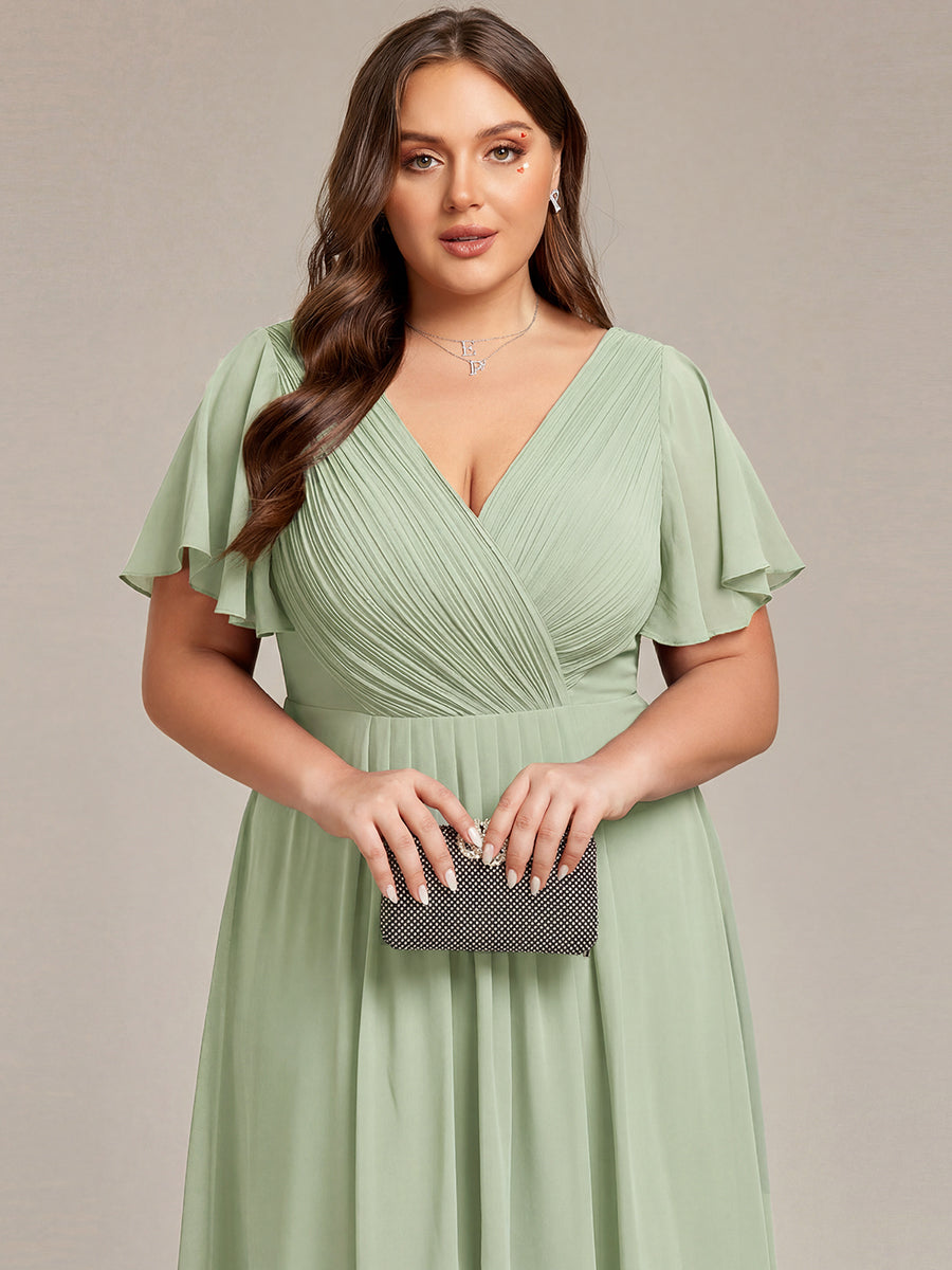 Plus size chiffon double V-neck midi wedding guest dress with ruffle sleeves for women