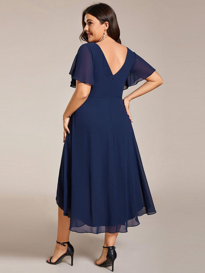 Plus size chiffon double V-neck midi wedding guest dress with ruffle sleeves for women