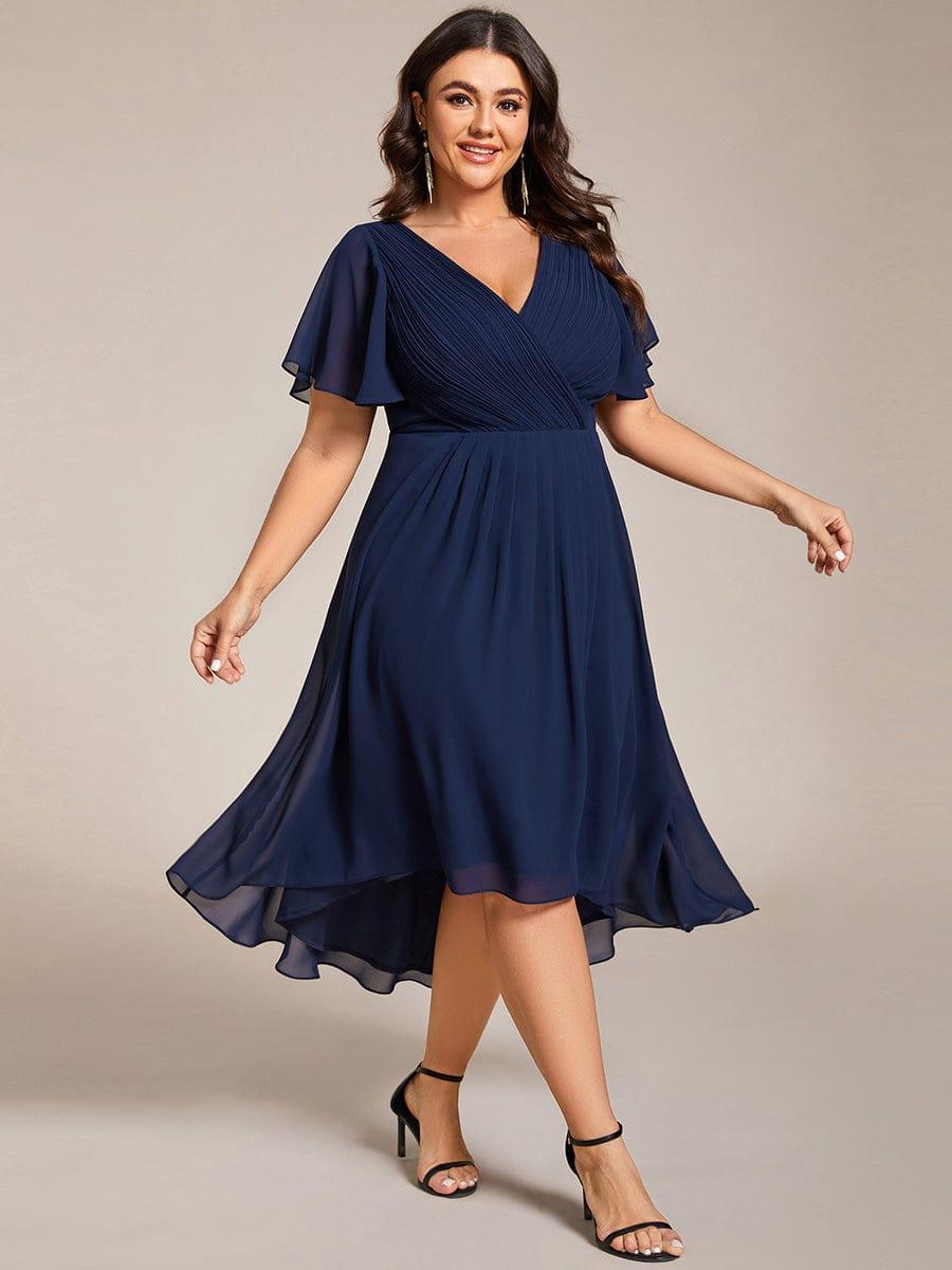 Plus size chiffon double V-neck midi wedding guest dress with ruffle sleeves for women