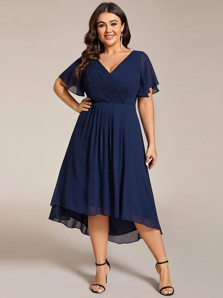 Plus size chiffon double V-neck midi wedding guest dress with ruffle sleeves for women