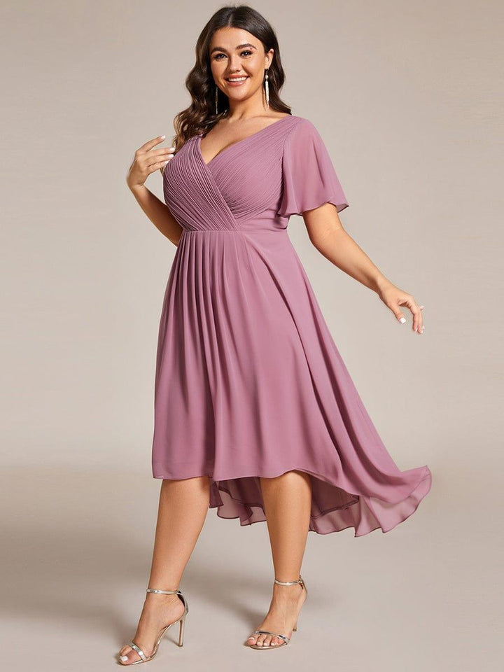 Plus size chiffon double V-neck midi wedding guest dress with ruffle sleeves for women