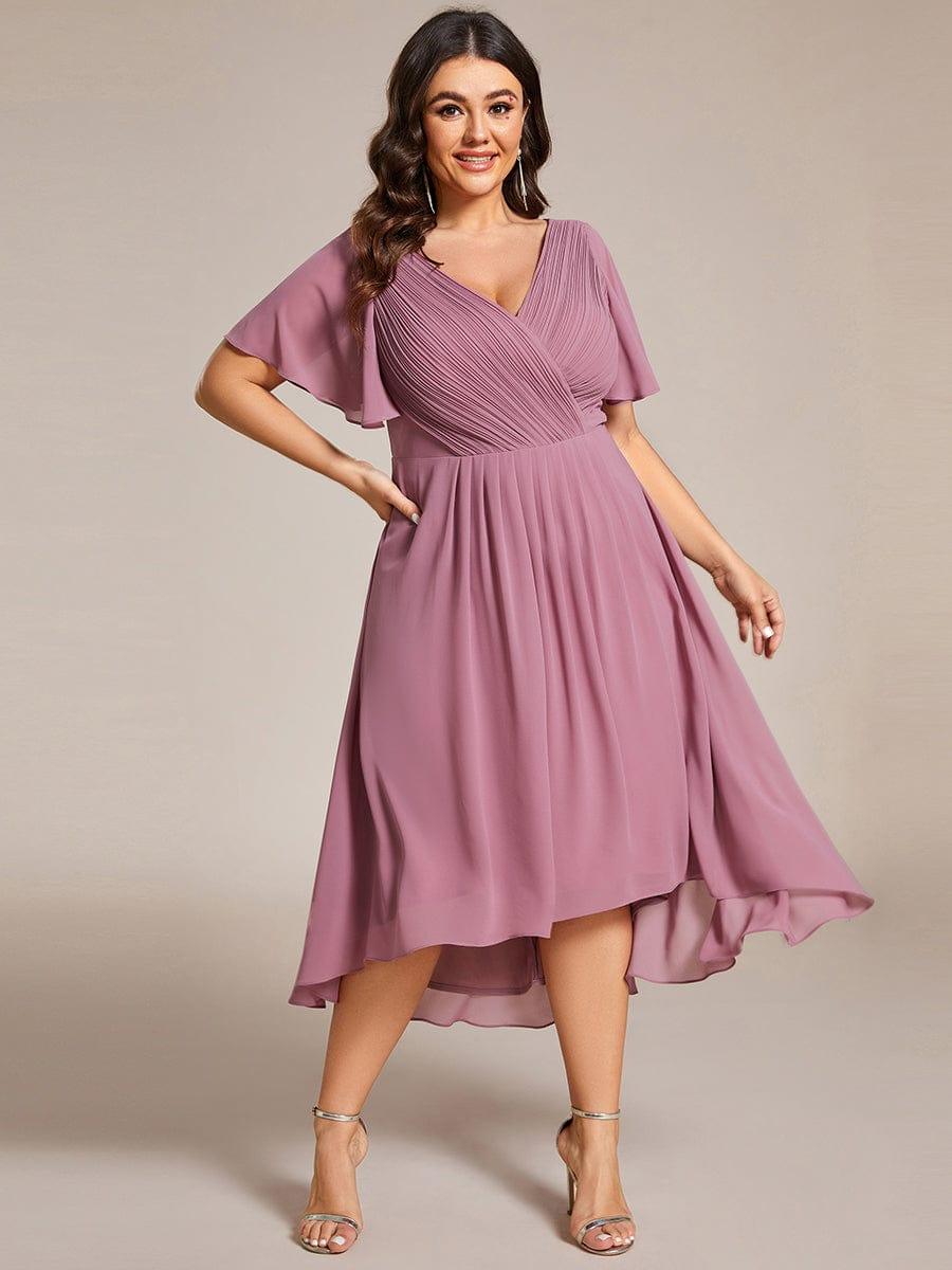 Plus size chiffon double V-neck midi wedding guest dress with ruffle sleeves for women