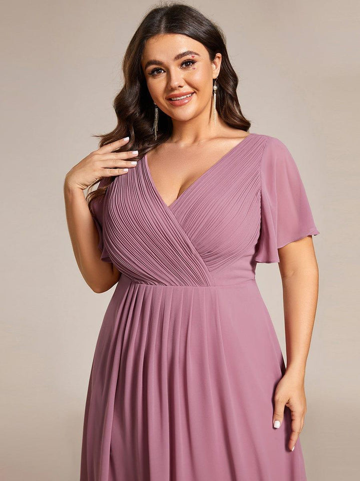 Plus size chiffon double V-neck midi wedding guest dress with ruffle sleeves for women
