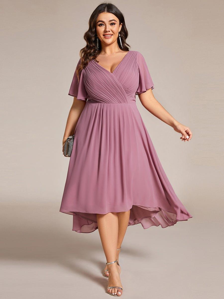 Plus size chiffon double V-neck midi wedding guest dress with ruffle sleeves for women