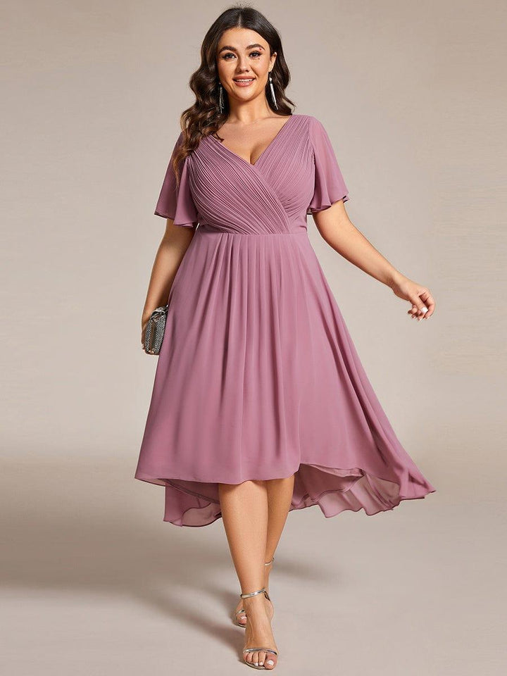 Plus size chiffon double V-neck midi wedding guest dress with ruffle sleeves for women