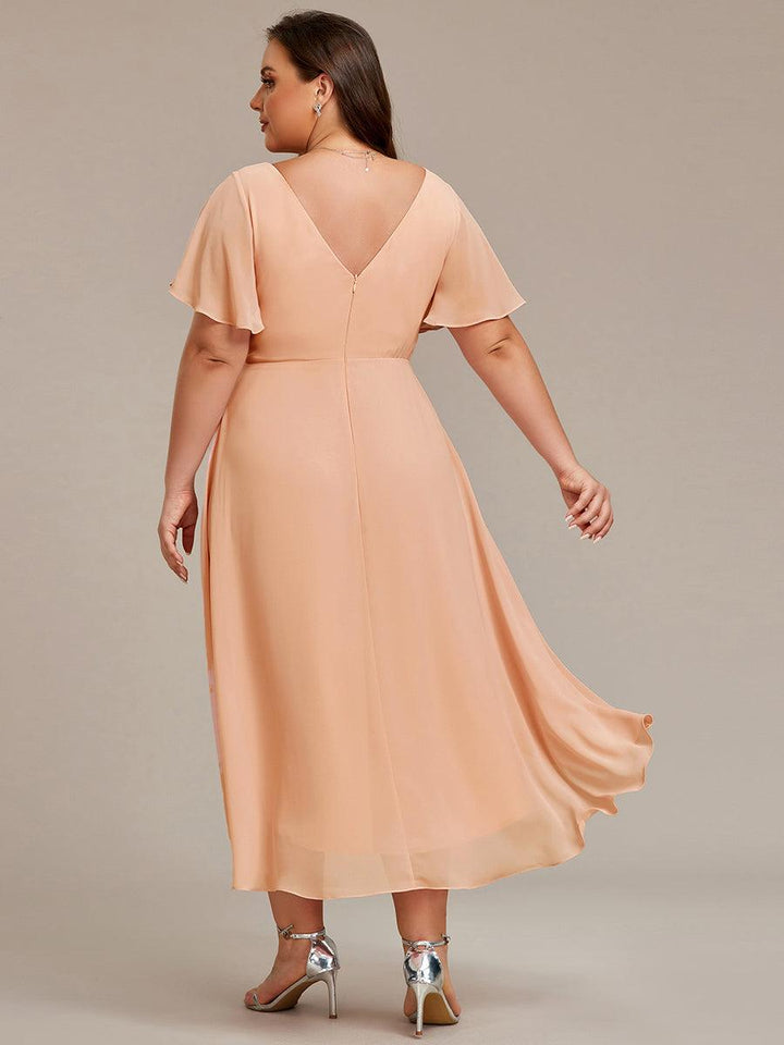 Plus size chiffon double V-neck midi wedding guest dress with ruffle sleeves for women