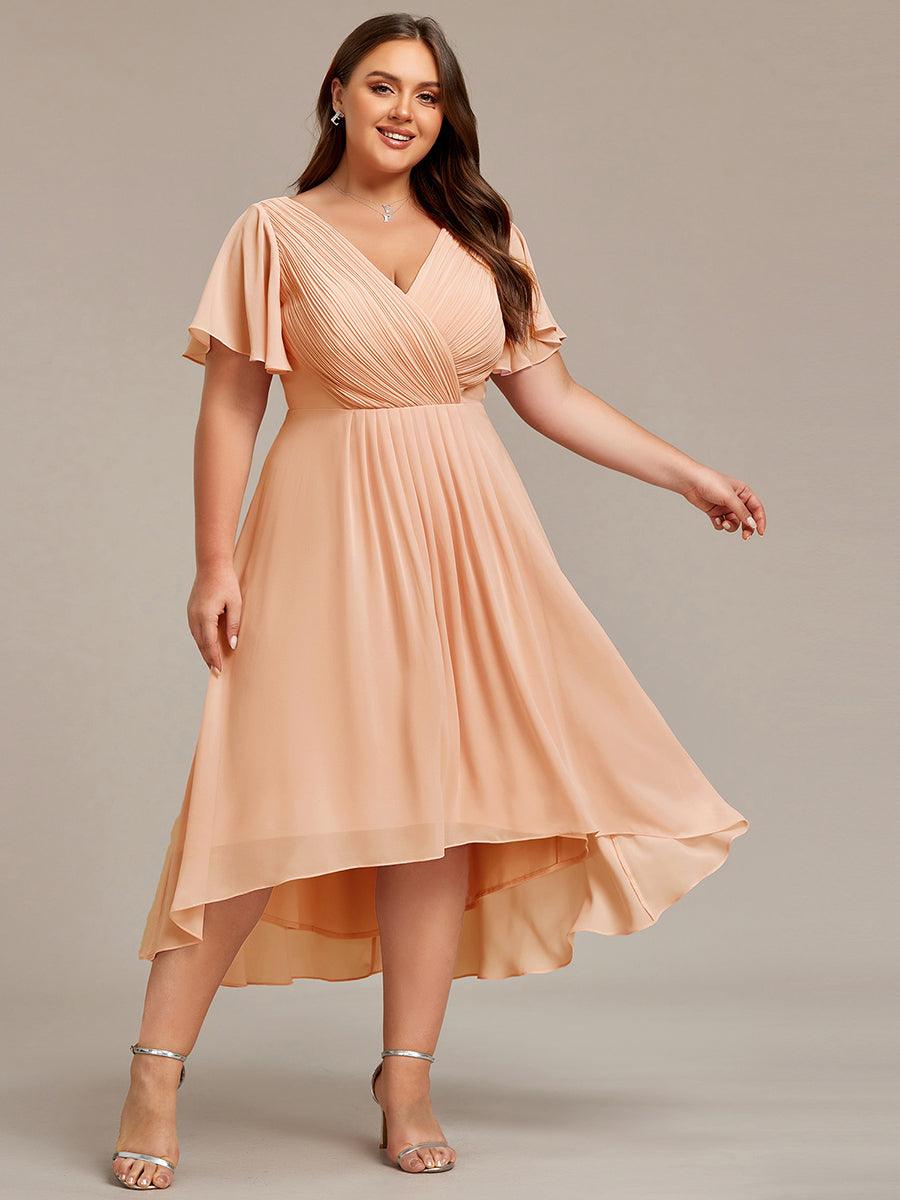 Plus size chiffon double V-neck midi wedding guest dress with ruffle sleeves for women