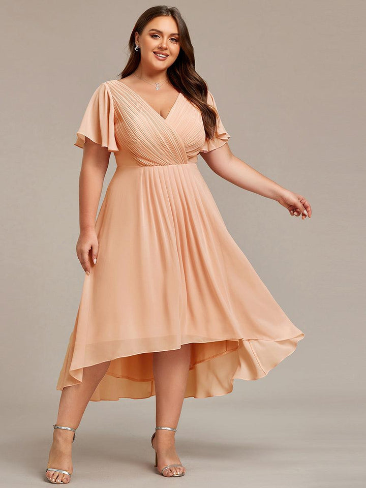 Plus size chiffon double V-neck midi wedding guest dress with ruffle sleeves for women