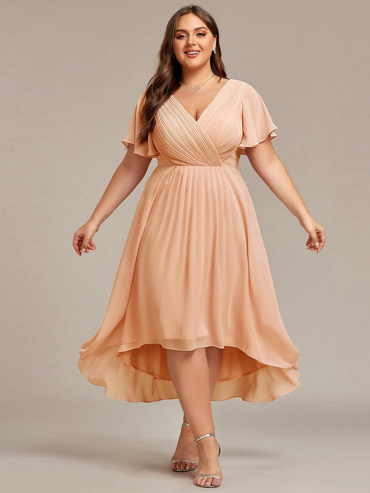 Plus size chiffon double V-neck midi wedding guest dress with ruffle sleeves for women