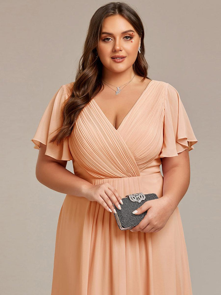 Plus size chiffon double V-neck midi wedding guest dress with ruffle sleeves for women