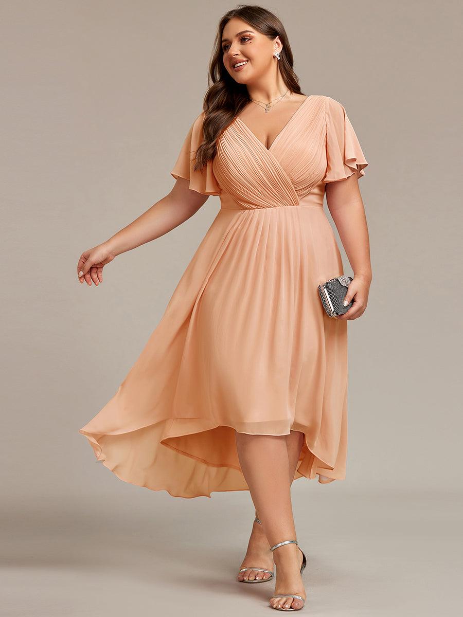 Plus size chiffon double V-neck midi wedding guest dress with ruffle sleeves for women