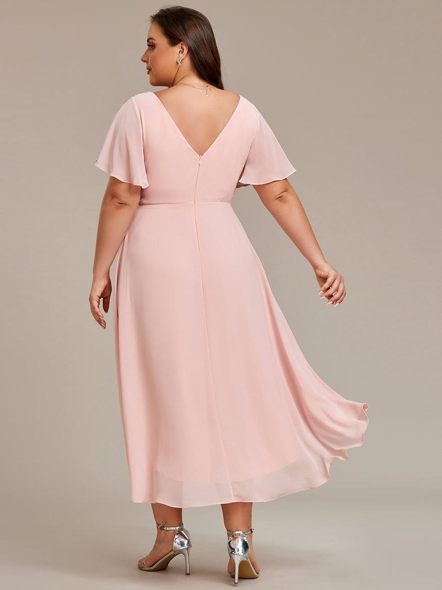 Plus size chiffon double V-neck midi wedding guest dress with ruffle sleeves for women