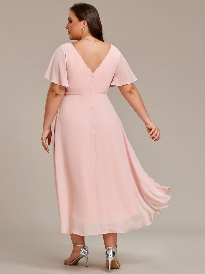 Plus size chiffon double V-neck midi wedding guest dress with ruffle sleeves for women