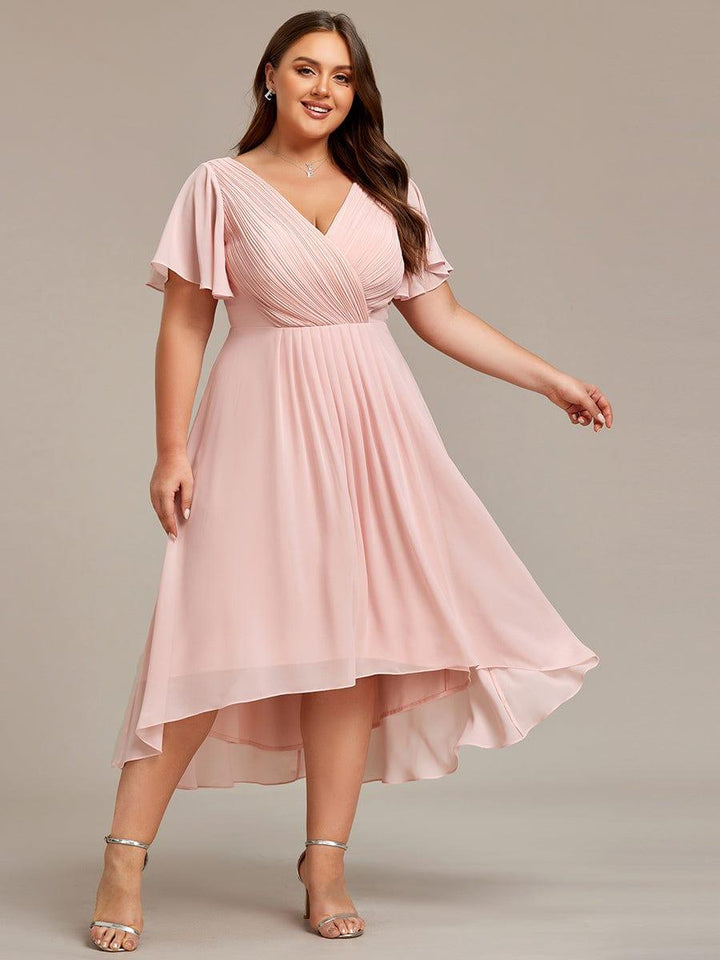 Plus size chiffon double V-neck midi wedding guest dress with ruffle sleeves for women