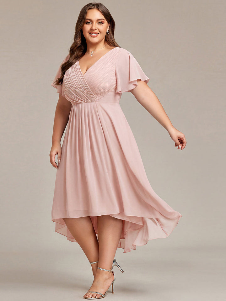 Plus size chiffon double V-neck midi wedding guest dress with ruffle sleeves for women